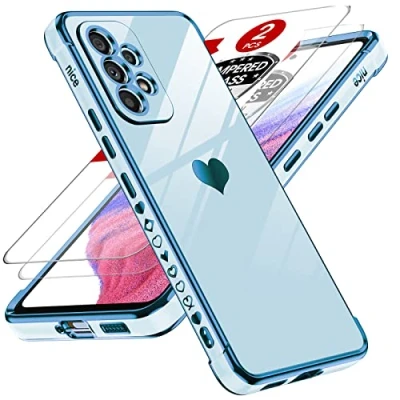 Abbildung von LeYi Hülle für Samsung Galaxy A53 5G Handyhülle mit 2 Stück Panzerfolie, Cute Herz Muster TPU Silikon Galvanik Schutzhülle Cover Case Mädchen, Kameraschutz und Bildschirmschutz, Blau