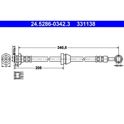 Abbildung von ATE 24.5286 0342.3 Bremsschläuche 341 M10x1 CHEVROLET: Aveo / Kalos Limousine, Schrägheck, DAEWOO: Limousine