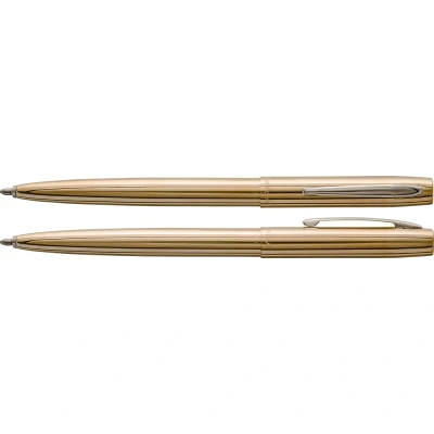Abbildung von Fisher Space Raw Brass Cap O Matic Pen with Chrome Pocket Clip