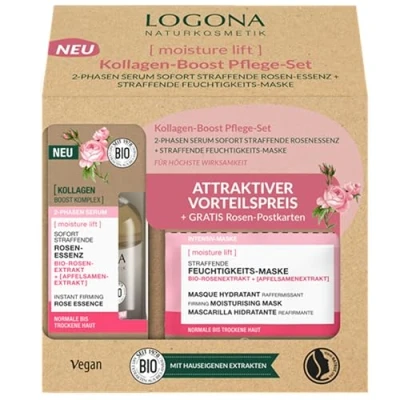 Abbildung von LOGONA Naturkosmetik Kollagen Boost Pflegeset Straffende Rosen Essenz 2 Phasen Serum &amp; Feuchtigkeitsmaske mit Bio Rosenextrakt und Kollagen, Vegane Pflege für ein glatteres Erscheinungsbild
