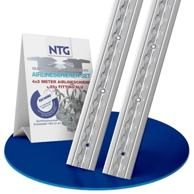 Abbildung von NTG 4 x 2 m Alu Airlineschiene, zum Einlassen, versenkbar als Bodenprofil mit Bohrungen 2m 1975mm Sparset 20x Alufitting