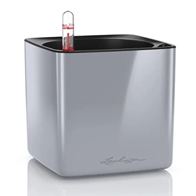 Abbildung von LECHUZA Cube Glossy 14 hochwertiger Pflanzwürfel mit Stick Bewässerungssystem, Titanium dust highgloss