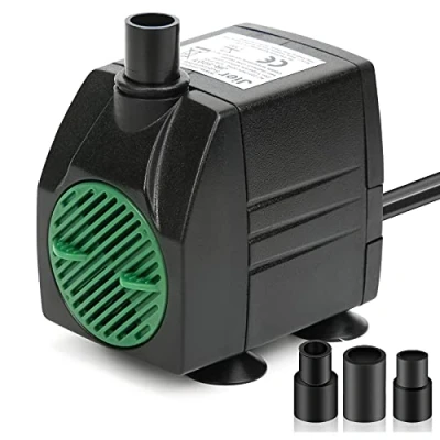 Abbildung von JIERTOP Aquariumpumpe 350 L/H Teichpumpe Ultra leise Geräusche mit 1,83 m Netzkabel Wasserpumpe 4 starken Saugnäpfen und 2 Düsen für Springbrunnen Aquarium Hydrokultur Garten Teich Statue