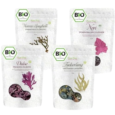 Abbildung von Bio Algen Set Meeresspaghetti Zuckertang Dulse Blätter Nori Flocken Getrocknet Atlantik (Roh Vegan) Seetang Kombu Kelp Umami für Dashi, Salzersatz Organic Raw Dried Seaweed PureRaw 90g