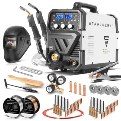 Abbildung von STAHLWERK Schweißgerät MIG MAG 200 Spot Puls Pro Vollausstattung, Vollsynergischer IGBT Inverter, 5in1 Kombigerät mit Spotfunktion und Ampere, Alu Fülldraht ARC MMA Lift TIG