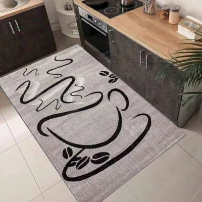 Abbildung von VIMODA Küchenteppich Grau Trendiger Kaffee Teppich, Cappuccino Muster Küchenläufer Kurzflor, Maße:160x220 cm
