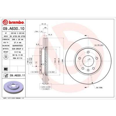 Abbildung von BREMBO 09.A630.10 Bremsscheibe 296 29 5 innenbelüftet hochgekohlt CHEVROLET: Captiva, Captiva Sport, OPEL: Antara