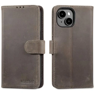 Abbildung von LENSUN Echtleder Hülle für iPhone 15 5G, Handyhülle Echt Leder [Standfunktion][RFID Schutz] Schutzhülle Handytasche Klappbar 15(6,1&quot;) Graubraun