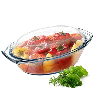 Abbildung von KADAX Auflaufform aus hitzebeständigem Glas, feuerfestes Gefäß, Glasbräter mit Deckel und Griffe, Geschirr zum Braten, Backofen, Elektroherd, für Lasagne, Fleisch, transparent (oval, 2.9L)