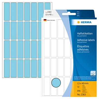 Abbildung von HERMA 2363 Vielzweck Etiketten, 896 Stück, 13 x 40 mm, 28 pro Bogen, selbstklebend, Haushaltsetiketten zum Beschriften, matt, blanko Papier Klebeetiketten Aufkleber, blau
