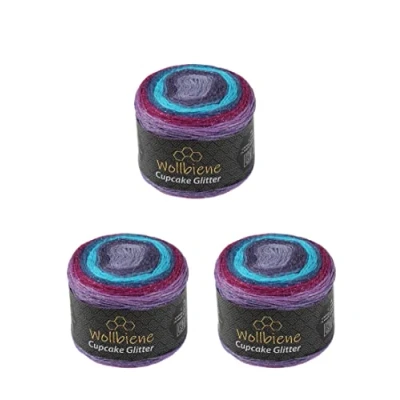 Abbildung von Cupcake Glitter Simli 3 x 150g Strickwolle 450 Gramm Wolle zum Stricken und Häkeln Babywolle türkische Farbverlaufswolle Glitzer (3210 lila beere türkis)