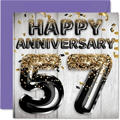 Abbildung von Tolle Karte zum 57. Jahrestag für Ehemann Freund Ehefrau Freundin schwarz goldene Glitzer Luftballons Happy 57 Anniversary Cards from Family 145 mm Grußkarten Fifty Seventh Anniversaries