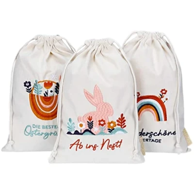Abbildung von Papierdrachen 3 Leinensäckchen mit Bestickung Osterverpackung Geschenkverpackung Tischdeko Stoffsäckchen zu Ostern Boho 20x30 cm Set 5
