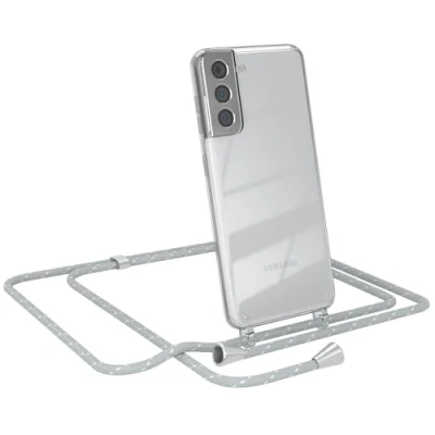 Abbildung von EAZY CASE Handy Chain kompatibel mit Samsung Galaxy S21, Handykette Tasche transparent, Stoßfeste Soft Silikon, Stylische Kette Hülle für Smartphone, Grau/Weiß Verschlüssen in Silber