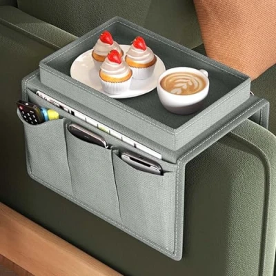 Abbildung von Sofa Armlehne Organizer, Tasche Sofatablett Ablage Oxford Couch Sessel Stuhl hängen Aufbewahrungstasche, Faltbar Butler mit Tablett für Buch, Magazin, Handy, Fernbedienung (Grau)