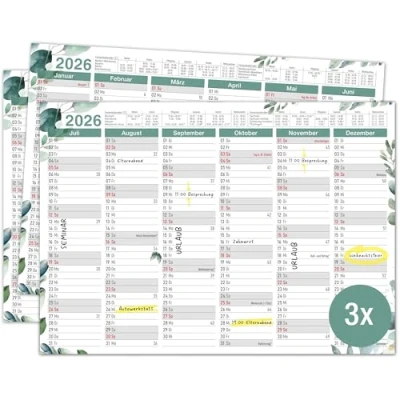 Abbildung von TOBJA Wandkalender A4 Tafelkalender Eukalyptus 2025 3er Set, Wandkalender, Jahresplaner, Schulferien, Feiertage, Kalender