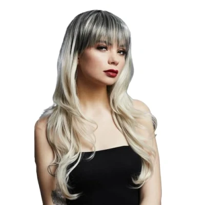 Abbildung von Smiffys Fever Sienna Perücke, einfarbig, Blond, Dunkler Ansatz, lang gefiedert mit Pony, 66cm