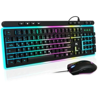 Abbildung von HLONONE Gaming Tastatur und Maus Set, Regenbogen LED Hintergrundbeleuchtung, USB Verkabelt, Ergonomische für PC Gamer Büro, QWERTZ DE Layout Schwarz