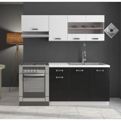 Abbildung von Kuechen preisbombe Küche Omega Mini 180 cm Küchenzeile Küchenblock Singleküche Schwarz Weiss