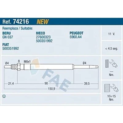 Abbildung von FAE 74216 Glühkerze 11V M8x1 FIAT: Ducato III Kastenwagen, Bus, Pritsche / Fahrgestell, IVECO: DAILY 4 Kasten/Kombi