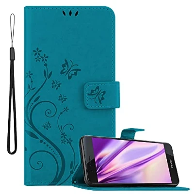 Abbildung von Cadorabo Hülle kompatibel mit Honor 8/8 Blumen Design aus Kunst Leder Flip Klappbare Stoßfeste Magnetische [Standfunktion] [Kartenfächern] Cover für Tasche in Blau