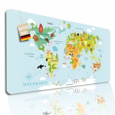 Abbildung von Lineo® Schreibtischunterlage für Kinder; Kinderweltkarte Kinderschreibtisch Unterlage wasserfeste Tischunterlage Tischmatte Deskpad (70x40 cm)
