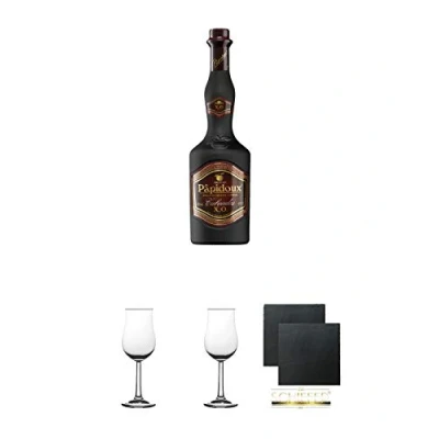 Abbildung von Papidoux Calvados XO Frankreich 0,7 Liter + 2 Bugatti Nosing Gläser mit Eichstrich 2cl und 4cl Schiefer Glasuntersetzer eckig ca. 9,5 cm Ø