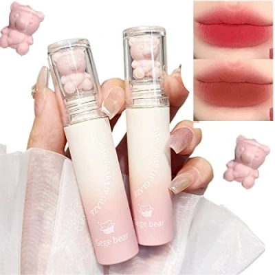 Abbildung von 2Pcs Pink Bear Lip Glaze Matte Liquid Lipstick Cute Velvet Lipgloss Moisturizing Stain Waterproof Long Lasting Nude Brown Red Mud Cheek