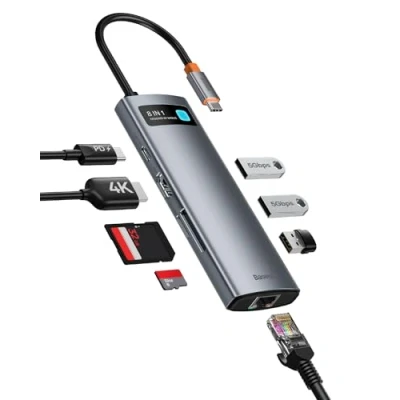 Abbildung von Baseus 8 in 1 USB C Hub Adapter mit 4K HDMI, Gigabit Ethernet, 100W PD, 3 A 3.0, SD/TF Kartenleser, Docking Station für Laptop MacBook Pro/Air, Surface Pro, iPad Dell, Steam Deck usw