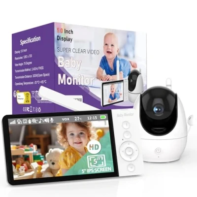 Abbildung von OBVHNUA Babyphone mit Kamera 5 Zoll Video 720p LCD Bildschirm 5000mAh Akku Unterstützt SD Karten Videoaufzeichnung VOX Modus Nachtsicht Zwei Wege Audio Temperaturalarm Wiegenlied