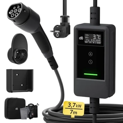 Abbildung von dé Ladekabel Elektroauto Typ 2 Schuko 3,7kW [7m, 6 16A] EV Charger Mit Kabelhalter und digitalem LCD Ladegerät für e Auto Model 3/Y, ID.3/4/5, MG4, Q4, GLA, Zoe Anderen PHEV/EV