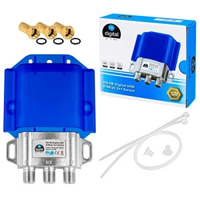 Abbildung von 1x HQ DiseqC Schalter Switch 2/1 mit Wetterschutzgehäuse HB DIGITAL 2X SAT LNB 1 x Teilnehmer/Receiver für Full HDTV 3D 4K UHD + 3 Vergoldete F Stecker Vergoldet