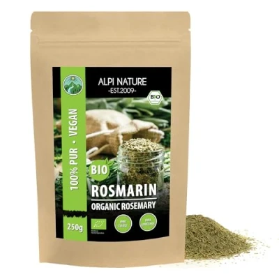 Abbildung von BIO Rosmarin getrocknet (250g), aus kontrolliert biologischem Anbau, glutenfrei, laktosefrei, laborgeprüft, vegan, 100% naturrein ohne Zusätze, für Gewürzmischungen und Tee