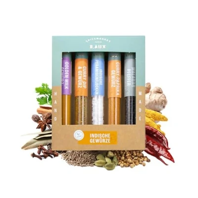 Abbildung von Laux Indische Gewürze Geschenkbox 5 Erlesene aus Indien Hochwertiges Salat &amp; Grill Zubehör Ausgefallene Geschenke für Männer Frauen