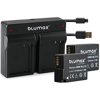 Abbildung von Blumax 2X Akku ersetzt Panasonic DMW BLC12 / E 1000mAh + Mini Dual Ladegerät USB kompatibel mit Lumix DMC: G5 G6 GX8 G70 G81 GH2 FZ200 FZ300 FZ1000 FZ2000 Leica V Lux 4