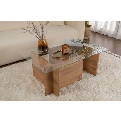 Abbildung von Design Couchtisch Azar L105cm Naturholz und transparentes Glas Menzzo