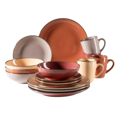Abbildung von MÄSER 931871 Metallic Rim, Modernes Geschirr Set für 4 Personen mit messingfarbenem Rand, 16 teiliges Kombiservice randlosen Coupe Formen, bunt, Steinzeug, nature