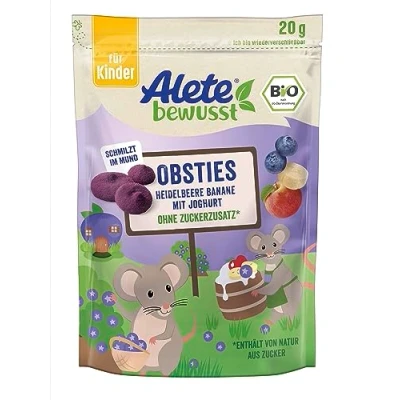 Abbildung von Alete bewusst Obsties Heidelbeere Banane mit Joghurt, ab 3 Jahren, gefriergetrocknete Bio Fruchtchips, Früchte Snack für Kinder, verzehrfertig im verschließbaren Beutel, 20 g