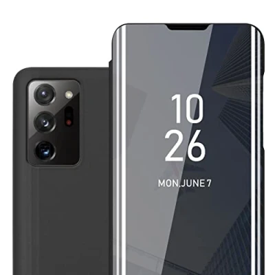 Abbildung von Cadorabo Hülle kompatibel mit Samsung Galaxy Note 20 in TURMALIN SCHWARZ Clear View Spiegel Schutzhülle Standfunktion 360 Grad Schutz