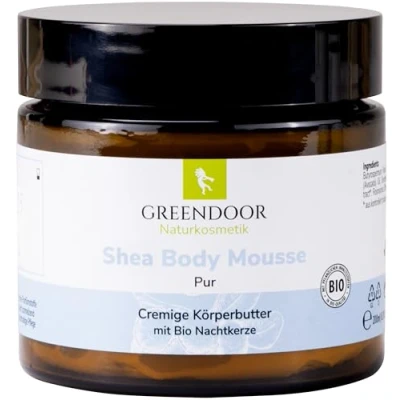 Abbildung von GREENDOOR parfümfreie vegane Natur Körperbutter 200ml im Glastiegel, Bodymousse PUR Body Butter ohne Parabene Duftstoffe, Naturkosmetik mit BIO Sheabutter, natürliche Hautpflege, Haut Körper Creme