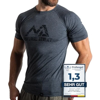 Abbildung von Herren Fitness T Shirt meliert Männer Kurzarm für Gym &amp; Training Passform Slim Fit, lang mit Rundhals, Anthrazit, XXL