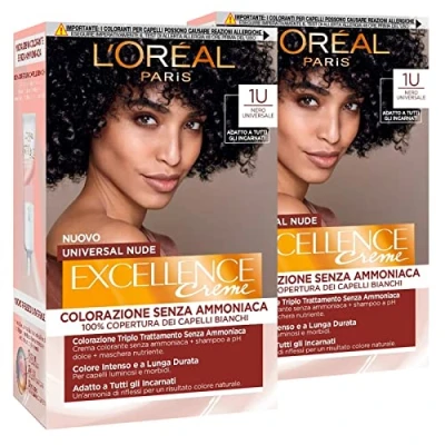 Abbildung von 2 x L&#039;Oréal Paris Excellence Creme, permanente Haarfarbe, Universal Nude, Schwarz 1U, Dreifachbehandlung Haarfarben