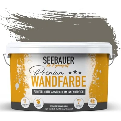 Abbildung von SEEBAUER diy Wandfarbe Grau 10L für Innen (No. 200 Smooth Grey) Edelmatte Innenfarbe Braun Grautöne sehr hohe Deckkraft Matt, Abwaschbar und Tropffrei