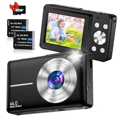 Abbildung von Digitalkamera 1080P 44MP Fotokamera Kompaktkamera Digitale Fotoapparat mit 16X Zoom, 32 GB Karte,2 Akku 2,4&quot; LCD Digitalkameras für Jugendliche Anfänger Jungen Mädchen(Schwarz)