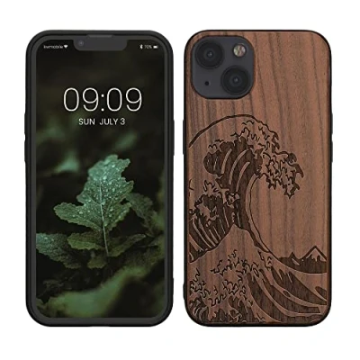 Abbildung von kwmobile Hülle kompatibel mit Apple iPhone 13 Holz Case Handy Cover TPU Handyhülle in Dunkelbraun Japanische Welle