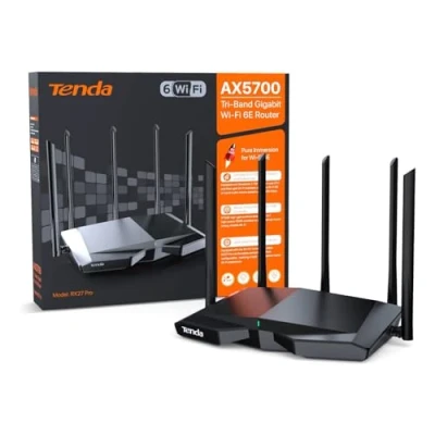 Abbildung von Tenda RX27 Pro WiFi 6E WLAN Router (AX5700 Tri Band 6GHz:2402Mbps+5GHz: 2402Mbps+2,4GHz:861Mbps), 5 * 6dBi Antennen, Gigabit Port, MU MIMO, VPN, IPv6, WPA3, WiFi+ Mesh für AR/VR/4K/8K Video, Schwarz