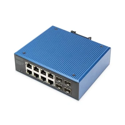 Abbildung von DIGITUS industrieller 12 Port Gigabit Ethernet PoE Netzwerk Switch 8X RJ45 + 4X SFP Uplink 30W Budget je IP40 Schutzart Hutschienenmontage 10/100/1000 Mbps Plug &amp; Play