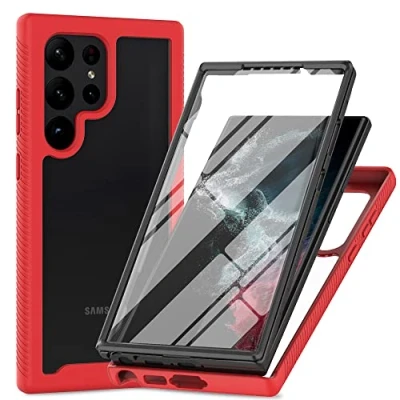 Abbildung von XINNI Hülle für Samsung Galaxy S24 Ultra 5G, 360 Grad Stoßfeste Schutzhülle mit Integriertem Bildschirmschutz, Robuster Bumper Outdoor Full Body Case, Rot