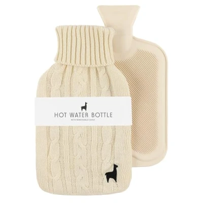 Abbildung von Nordstern Premium Wärmflasche mit weichem Strickbezug Auslaufsichere Wärmeflasche zur Schmerzlinderung, Bettflasche aus Naturkautschuk für Kinder und Erwachsene Beige