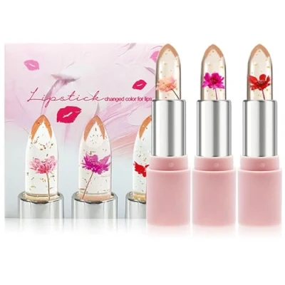 Abbildung von Clear Flower Jelly Lippenstift, 3 Packungen nahrhafte Feuchtigkeitscreme Lippenbalsam Temperatur Farbwechsel Lippenstift Matt Langlebiger Lipgloss (Pink 3)